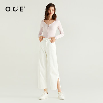 OCE牛仔裤女 修身显瘦白色浅色直筒裤